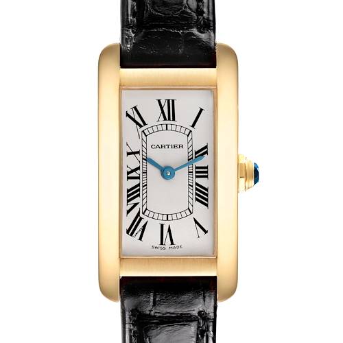 The Cartier Tank Americaine W2601556 Women's Yellow Gold Silver Dial W2601556 Women's Yellow Gold Silver Dial watch is shown from the front, highlighting its rectangular dial, gold case, and black leather strap.