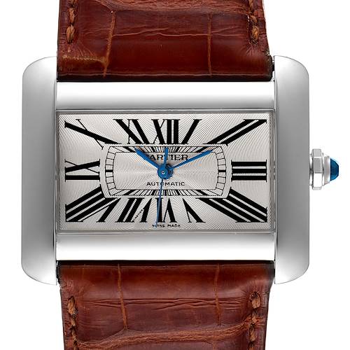 This image shows the face and part of the leather strap of the Cartier Tank Divan W6300755 Women's Stainless Steel Silver Dial W6300755 Women's Stainless Steel Silver Dial watch from a front angle.