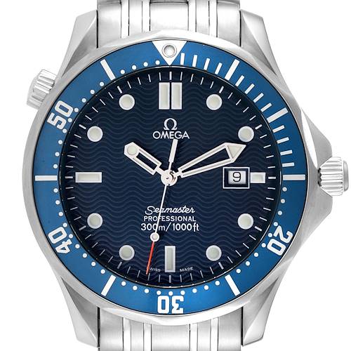 This is a frontal view of the Omega Seamaster 2541.80.00 Men's Stainless Steel Blue Dial 2541.80.00 Men's Stainless Steel Blue Dial watch, displaying the dial, bezel, hands, date window, and part of the bracelet.