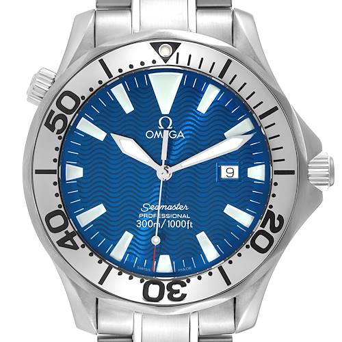 The image shows a front view of an Omega Seamaster 2265.80.00 Men's Stainless Steel Blue Dial 2265.80.00 Men's Stainless Steel Blue Dial watch displaying the dial, bezel, and part of the bracelet.