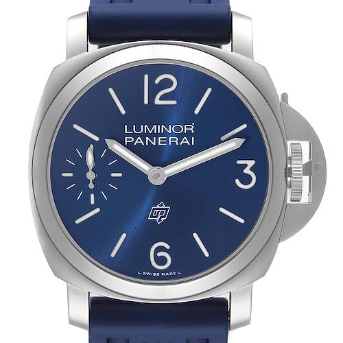 The image shows a front view of a Panerai Luminor PAM00631 Men's Stainless Steel Blue Dial PAM00631 Men's Stainless Steel Blue Dial watch with a blue dial and prominent crown guard.