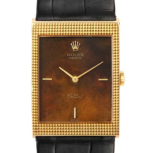 This image shows a front view of a Rolex Cellini 4127 Men's Yellow Gold Brown Dial 4127 Men's Yellow Gold Brown Dial watch, displaying its brown dial, rectangular gold bezel, screw-down crown, and black leather strap.