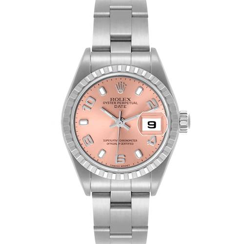 The Rolex Date 79240 Women's Stainless Steel Pink Dial 79240 Women's Stainless Steel Pink Dial model is shown from a front view, displaying its full face, bracelet, and crown.