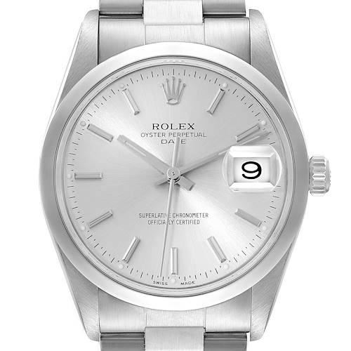 This image shows a front view of the Rolex Date 15200 Men's Stainless Steel Silver Dial 15200 Men's Stainless Steel Silver Dial model watch, displaying the dial, hands, date window, and part of the bracelet.