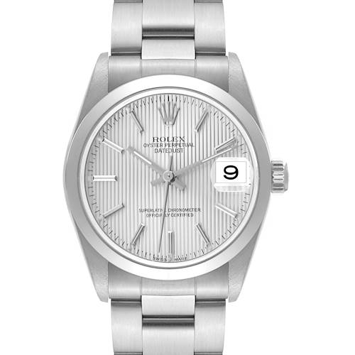 This image shows the front view of the Rolex Mid-Size 78240 Women's Stainless Steel Silver Dial 78240 Women's Stainless Steel Silver Dial Oyster Perpetual Datejust watch, displaying its dial, hands, and bracelet.