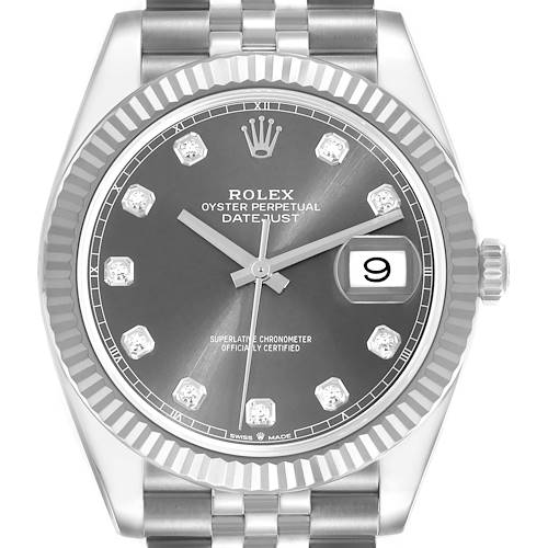 The Rolex Datejust 41 126334 Men's Stainless Steel Grey Dial 126334 Men's Stainless Steel Grey Dial is shown from a top-down angle, highlighting the dial, fluted bezel, and Jubilee bracelet.