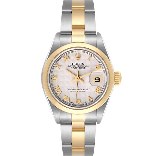 The Rolex Datejust 79163 Women's Steel and Gold (two tone) White Dial 79163 Women's Steel and Gold (two tone) White Dial watch is shown from a front angle, highlighting the dial, bezel, bracelet, and date display.