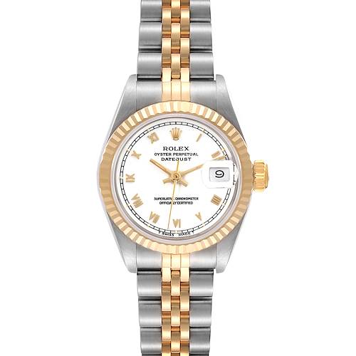 The image shows a Rolex Datejust 69173 Women's Steel and Gold (two tone) White Dial 69173 Women's Steel and Gold (two tone) White Dial watch from a front angle, highlighting its two-tone bracelet, white dial, and fluted bezel.