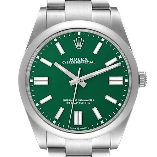 The Rolex Oyster Perpetual 124300 Men's Stainless Steel Green Dial 124300 Men's Stainless Steel Green Dial watch is shown from a top-down angle, displaying the green dial and the stainless steel bracelet.