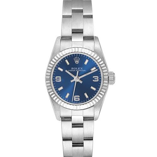 The Rolex Oyster Perpetual 67194 Women's Stainless Steel Blue Dial 67194 Women's Stainless Steel Blue Dial watch is shown from the front, displaying the dial, bezel, and bracelet.