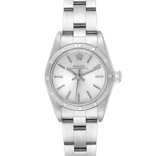 The image shows a front view of the Rolex Oyster Perpetual 76030 Women's Stainless Steel Silver Dial 76030 Women's Stainless Steel Silver Dial watch, displaying the dial, hands, bracelet, and crown.