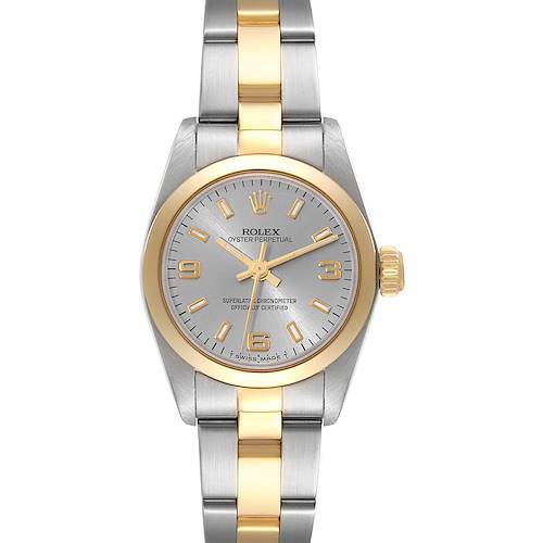The image shows a front view of a Rolex Oyster Perpetual 67183 Women's Steel and Gold (two tone) Grey Dial 67183 Women's Steel and Gold (two tone) Grey Dial watch with a silver face and a two-tone bracelet.