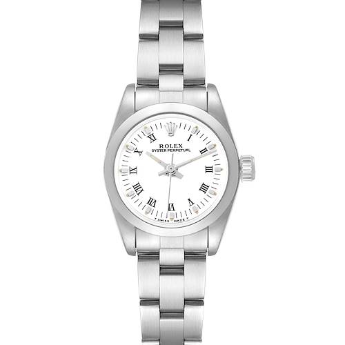 The Rolex Oyster Perpetual 67180 Women's Stainless Steel White Dial 67180 Women's Stainless Steel White Dial watch is shown from the front, displaying the dial, crown, and part of the bracelet.