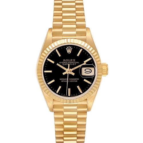 The Rolex President 69178 Women's Yellow Gold Black Dial 69178 Women's Yellow Gold Black Dial model watch is shown from a front angle, highlighting its gold bracelet and black dial.