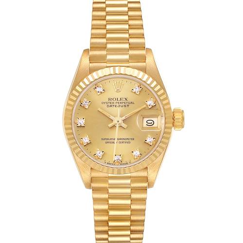 The Rolex President 69178 Women's Yellow Gold Champagne Dial 69178 Women's Yellow Gold Champagne Dial model is shown from a top view, displaying the watch face, bezel, bracelet, and crown.