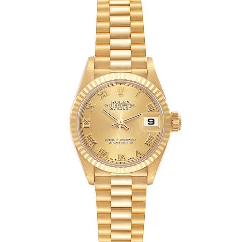 This image shows a top-down view of the Rolex President 79178 Women's Yellow Gold Champagne Dial 79178 Women's Yellow Gold Champagne Dial watch, highlighting the dial, bezel, bracelet, and date function.