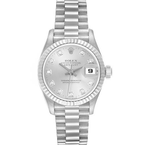 The Rolex President 79179 Women's White Gold Silver Dial 79179 Women's White Gold Silver Dial watch is shown from a top view, highlighting its dial, bracelet, hands, and date window.