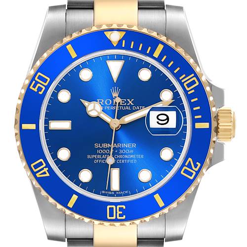 The image shows a front view of a Rolex Submariner 116613LB Men's Steel and Gold (two tone) Blue Dial 116613LB Men's Steel and Gold (two tone) Blue Dial watch, highlighting the blue dial, bezel, and gold accents.