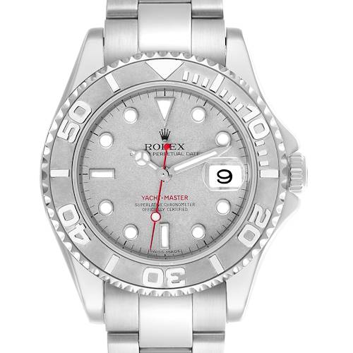 The Rolex Yacht-Master 168622 Men's Stainless Steel Silver Dial 168622 Men's Stainless Steel Silver Dial watch is shown from a front view, displaying the dial, bezel, crown, and bracelet.