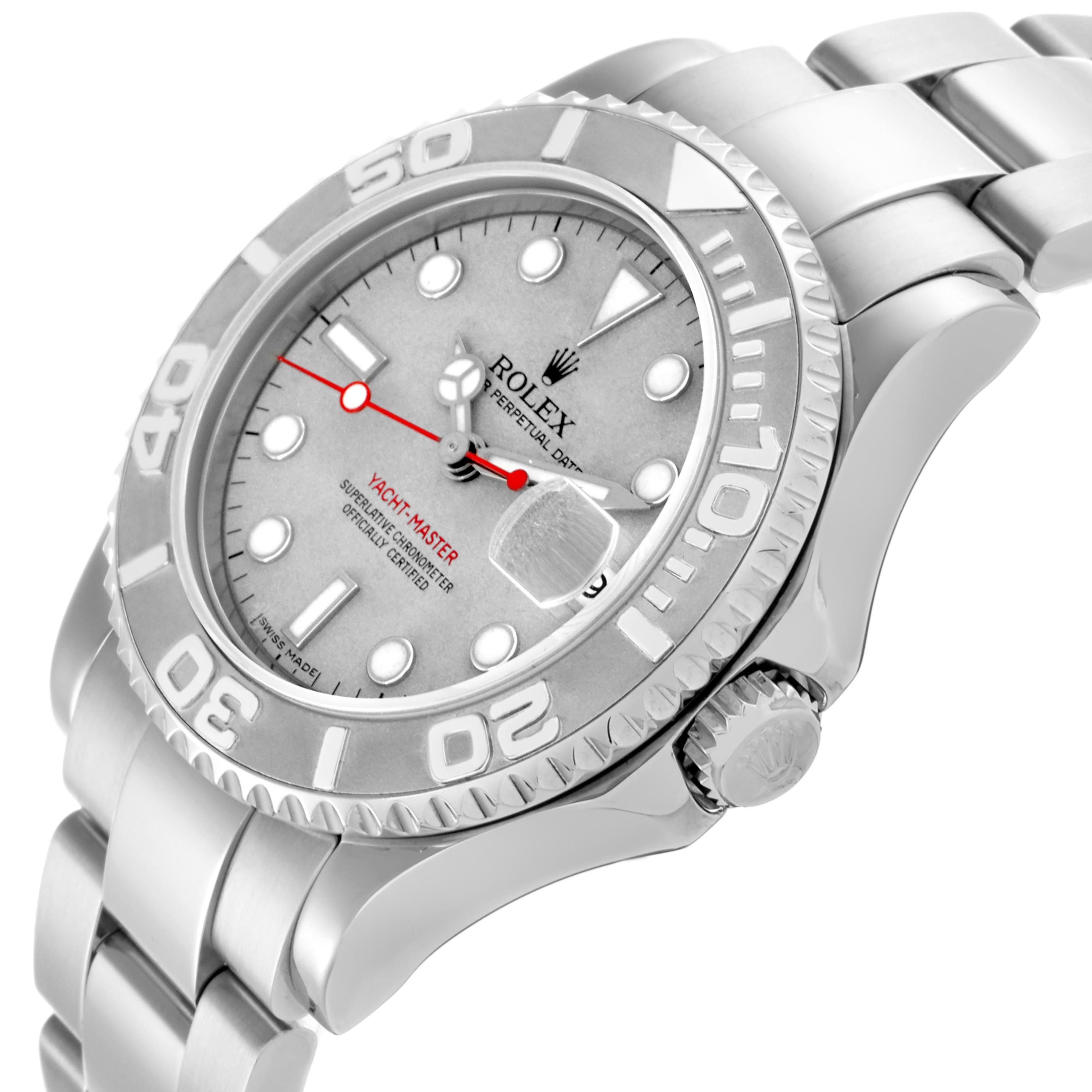 The Rolex Yacht-Master 168622 Men's Stainless Steel Silver Dial 168622 Men's Stainless Steel Silver Dial watch is shown at an angled side view, displaying the bracelet, bezel, dial, and crown.