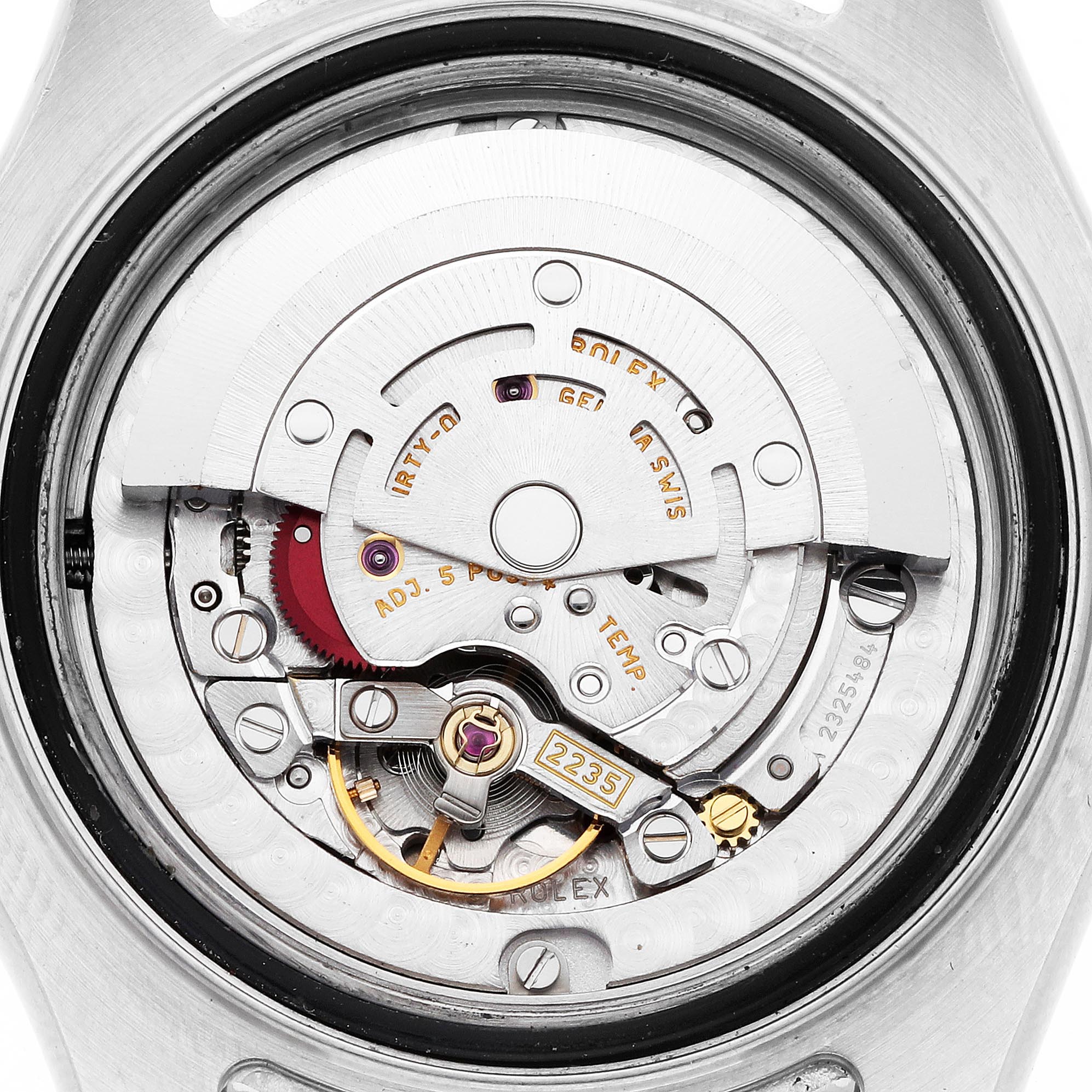 The image shows a close-up of the movement mechanism of a Rolex Yacht-Master 168622 Men's Stainless Steel Silver Dial 168622 Men's Stainless Steel Silver Dial watch from the back.