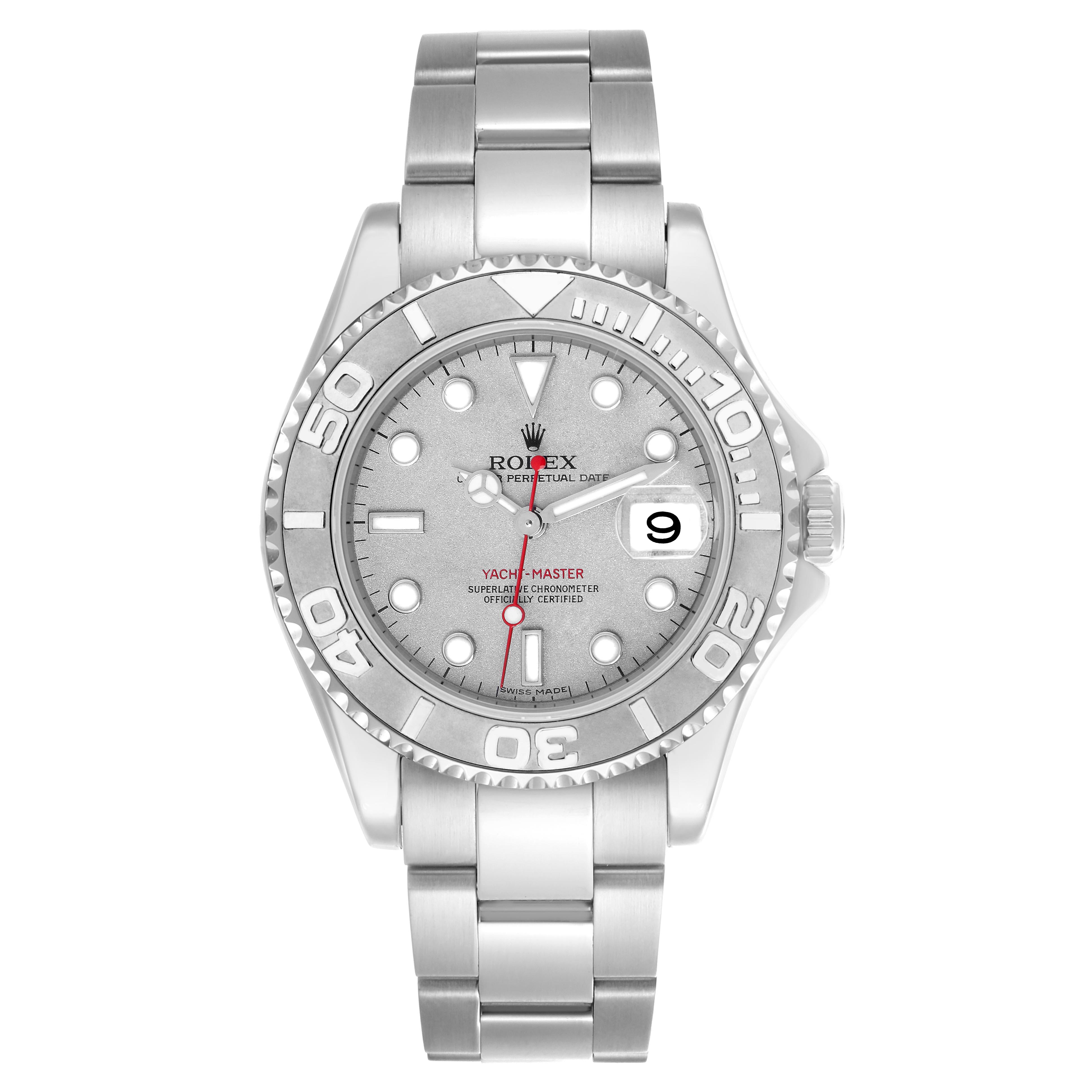 The Rolex Yacht-Master 168622 Men's Stainless Steel Silver Dial 168622 Men's Stainless Steel Silver Dial watch is shown from a front angle, displaying the dial, bezel, and bracelet.