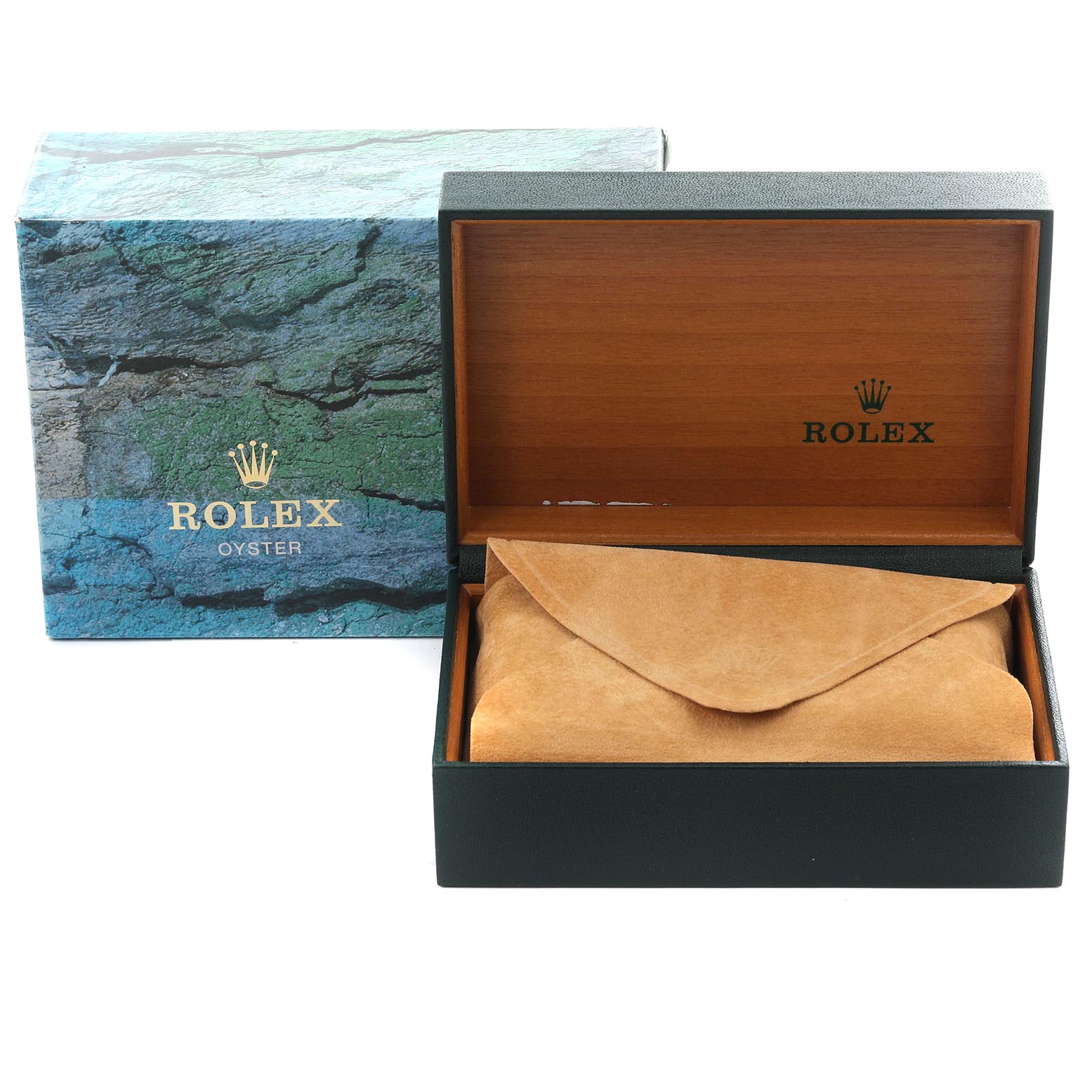 The image shows the Rolex Yacht-Master 168622 Men's Stainless Steel Silver Dial 168622 Men's Stainless Steel Silver Dial watch box open, revealing a protective pouch inside, with the outer box nearby.