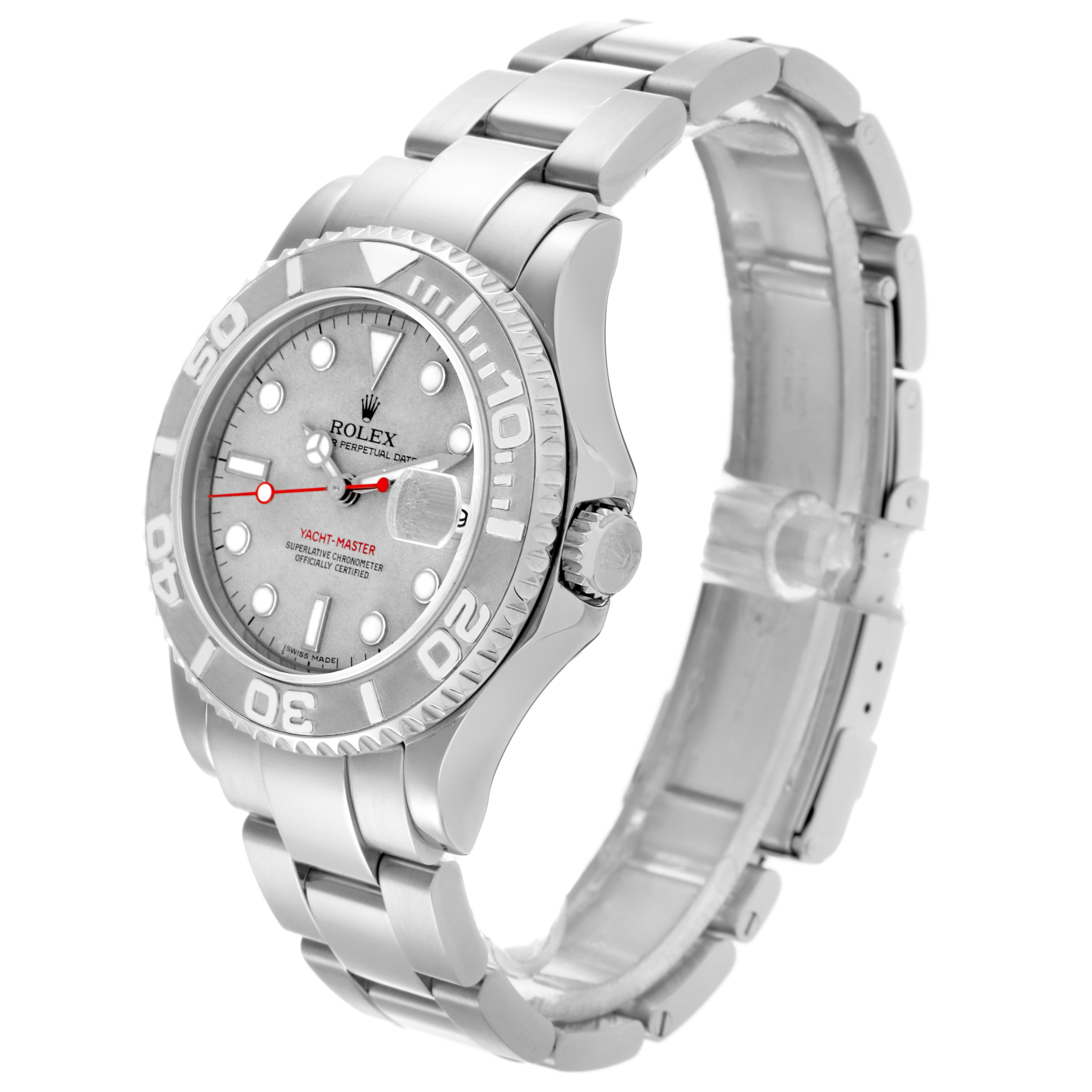 The Rolex Yacht-Master 168622 Men's Stainless Steel Silver Dial 168622 Men's Stainless Steel Silver Dial watch is shown at a slight angle, displaying the face, bezel, and part of the bracelet.