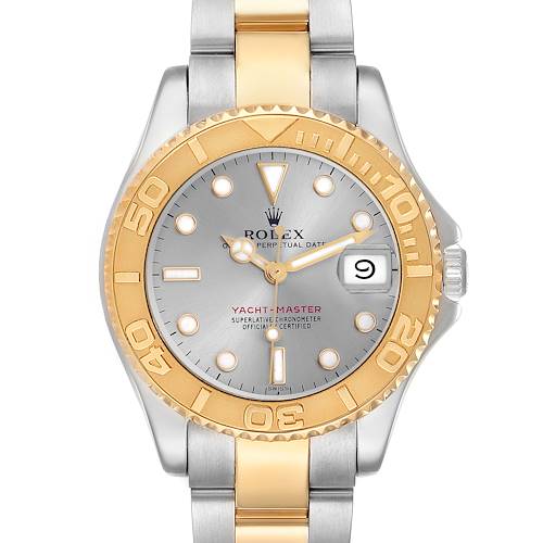 The Rolex Yacht-Master 68623 Men's Steel and Gold (two tone) Silver Dial 68623 Men's Steel and Gold (two tone) Silver Dial watch is shown from a top-down angle, highlighting its gold and silver bezel, dial, hands, and bracelet.