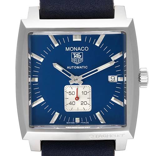 The image shows a close-up of the Tag Heuer Monaco WW2111.FC6204 Men's Stainless Steel Blue Dial WW2111.FC6204 Men's Stainless Steel Blue Dial watch face at a straight-on angle, highlighting the dial, hands, and date display.