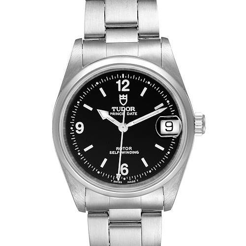 This image shows a front view of the Tudor Prince 72000 Men's Stainless Steel Black Dial 72000 Men's Stainless Steel Black Dial Date watch, displaying the face, bezel, crown, and part of the bracelet.