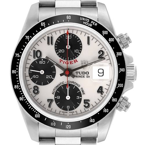 This image shows a front view of the Tudor Tiger 79260 Men's Stainless Steel White Dial 79260 Men's Stainless Steel White Dial watch, highlighting its dial, subdials, date window, and bezel.