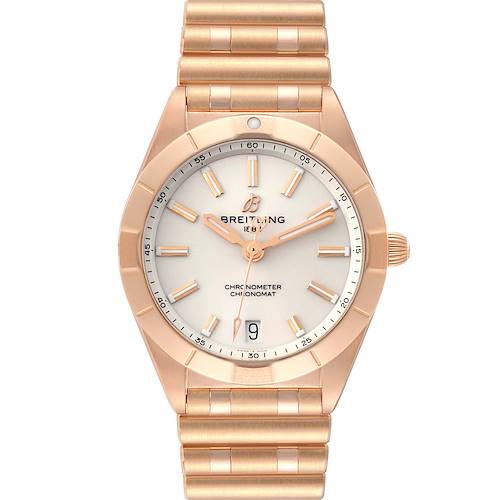 The image shows the Breitling R77310101A1R1 Women's Rose Gold White Dial R77310101A1R1 Women's Rose Gold White Dial Chronomat 32 White Dial Rose Gold Ladies Watch R77310 from a frontal view, highlighting the dial and bracelet.