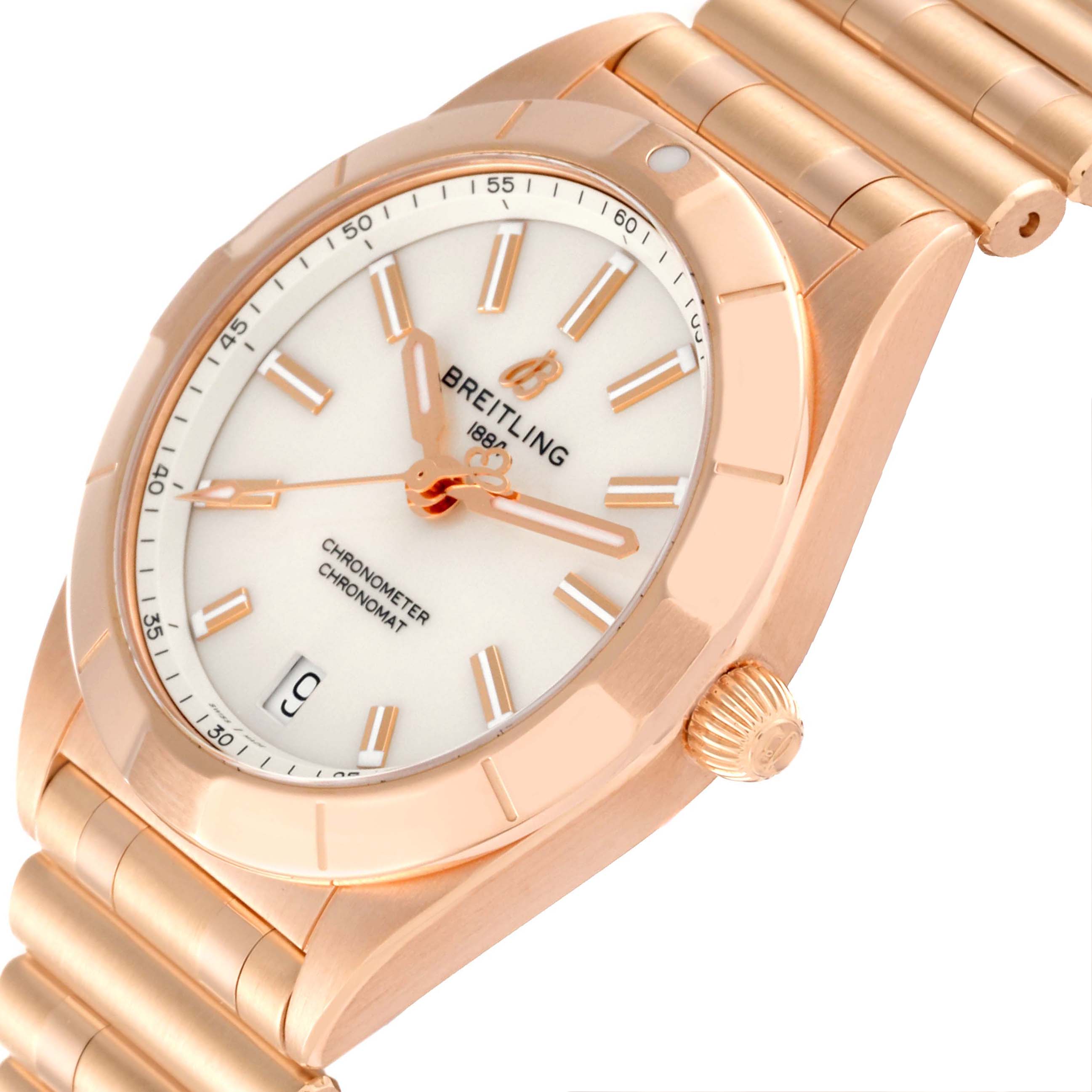 The image shows a close-up, angled view of the Breitling R77310101A1R1 Women's Rose Gold White Dial R77310101A1R1 Women's Rose Gold White Dial Chronomat 32 White Dial Rose Gold Ladies Watch R77310, focusing on the dial, bezel, and bracelet.