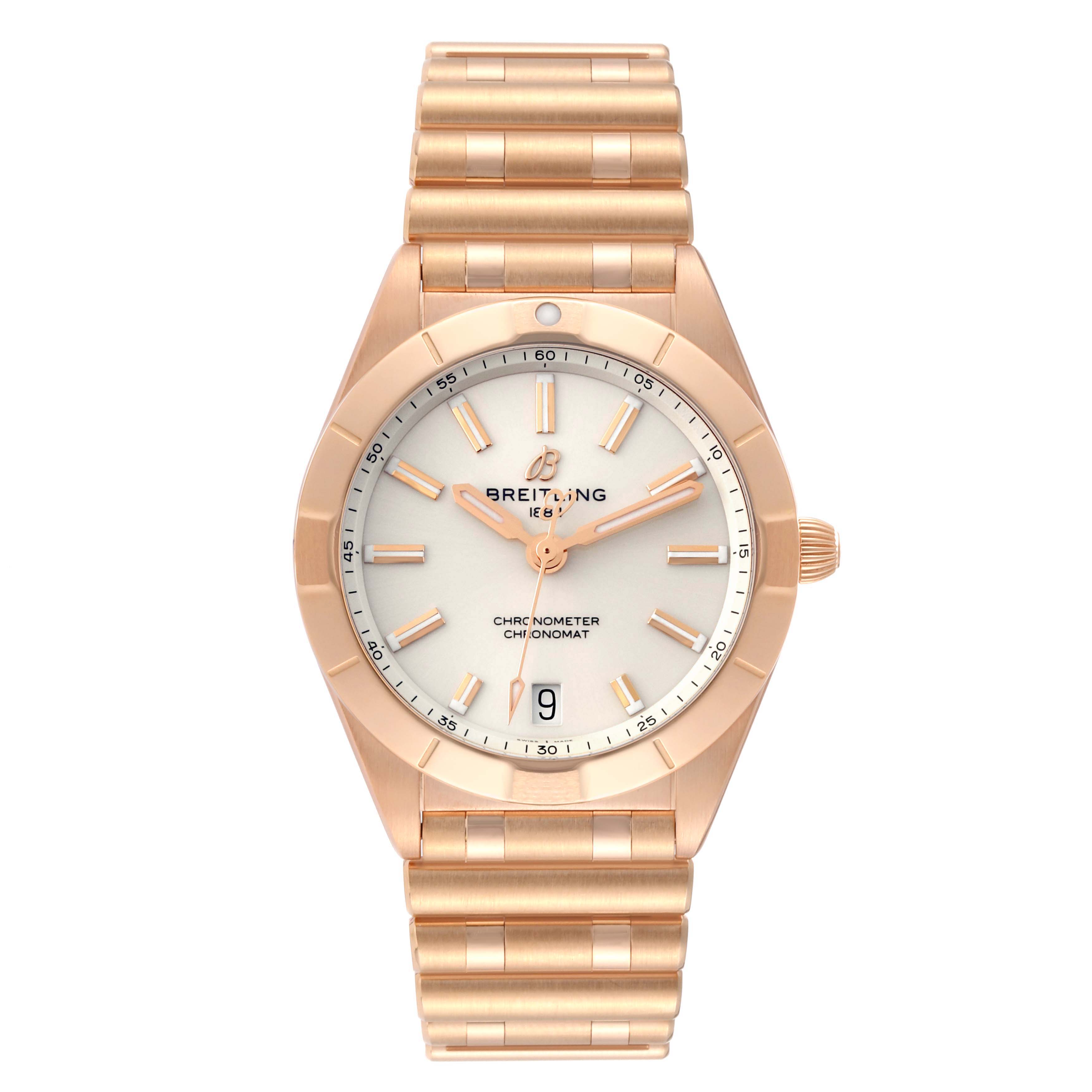 The image shows a front view of the Breitling R77310101A1R1 Women's Rose Gold White Dial R77310101A1R1 Women's Rose Gold White Dial Chronomat 32 White Dial Rose Gold Ladies Watch R77310, displaying the dial and bracelet.
