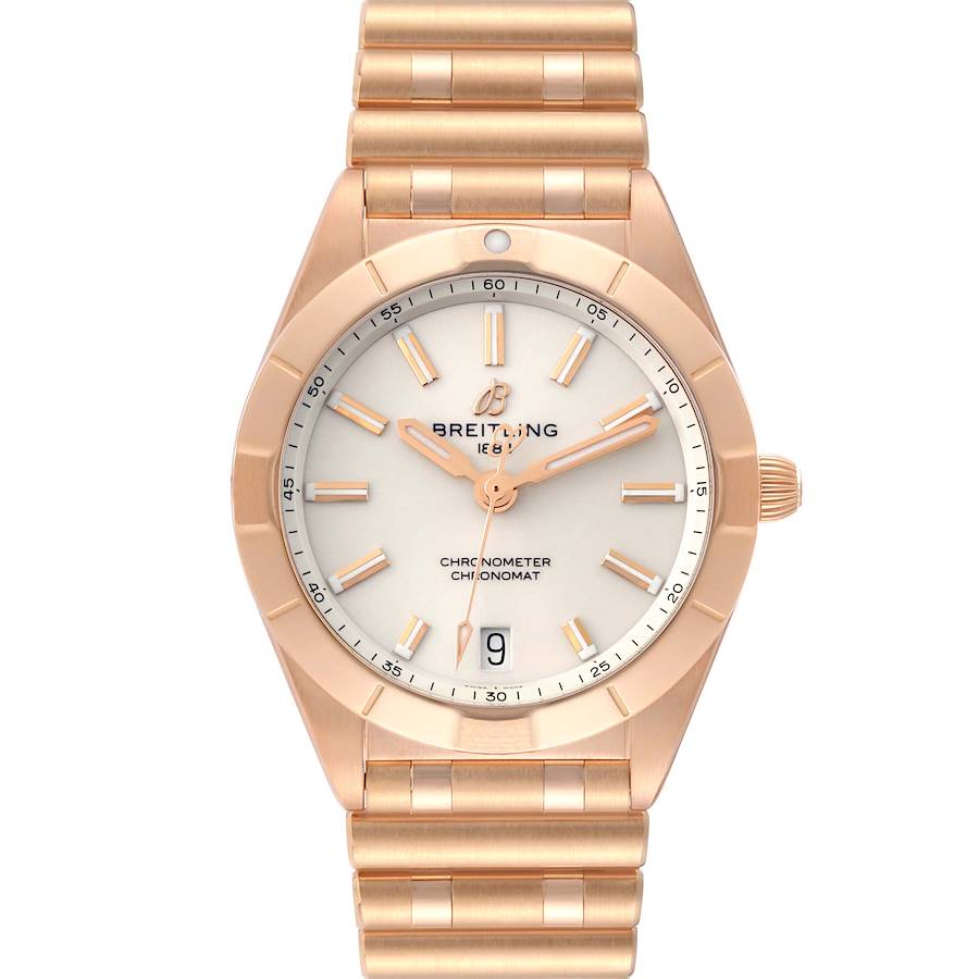 The image shows a front view of the Breitling R77310101A1R1 Women's Rose Gold White Dial R77310101A1R1 Women's Rose Gold White Dial Chronomat 32 White Dial Rose Gold Ladies Watch (model R77310).