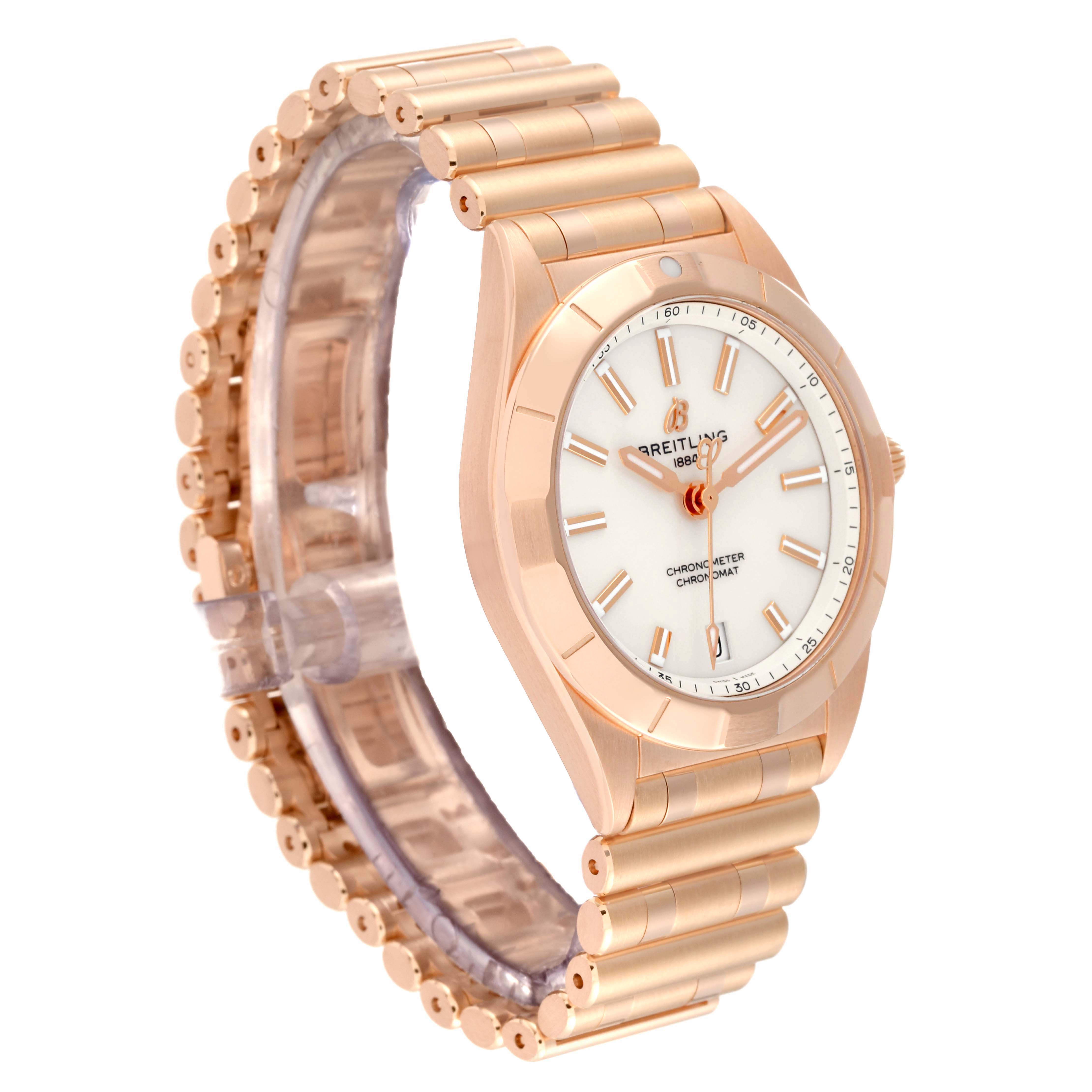The image shows the Breitling R77310101A1R1 Women's Rose Gold White Dial R77310101A1R1 Women's Rose Gold White Dial Chronomat 32 White Dial Rose Gold Ladies Watch R77310 from a front-side angle, displaying the face and bracelet.