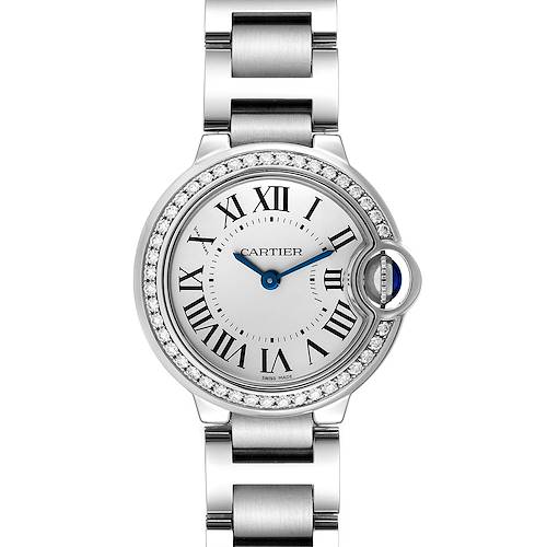 The image shows a frontal view of the Cartier Ballon Bleu W4BB0015 Women's Stainless Steel Silver Dial W4BB0015 Women's Stainless Steel Silver Dial watch, highlighting its face, bezel, and part of the bracelet.