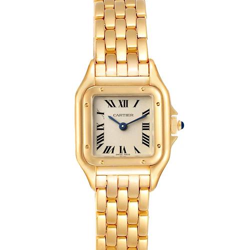 This image shows a front view of the Cartier Panthere W25022B9 Women's Yellow Gold Silver Dial W25022B9 Women's Yellow Gold Silver Dial watch, featuring its square face, gold case, and linked gold bracelet.