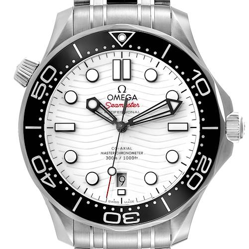The image shows a front view of the Omega Seamaster 210.30.42.20.04.001 Men's Stainless Steel White Dial 210.30.42.20.04.001 Men's Stainless Steel White Dial watch, highlighting its dial, bezel, and bracelet.