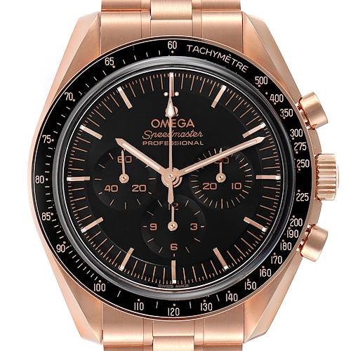 The image shows a front view of an Omega Speedmaster 310.60.42.50.01.001 Men's Rose Gold Black Dial 310.60.42.50.01.001 Men's Rose Gold Black Dial Professional watch, highlighting its black dial, sub-dials, and tachymeter bezel.