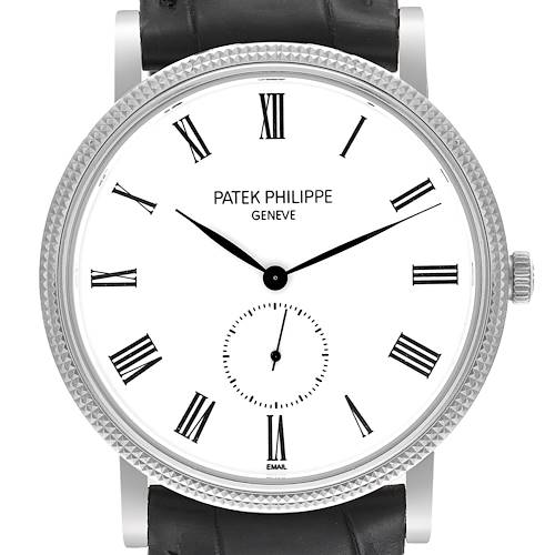 This image shows the front view of a Patek Philippe Calatrava 5116G Men's White Gold White Dial 5116G Men's White Gold White Dial watch, highlighting its face, hands, and part of the strap.