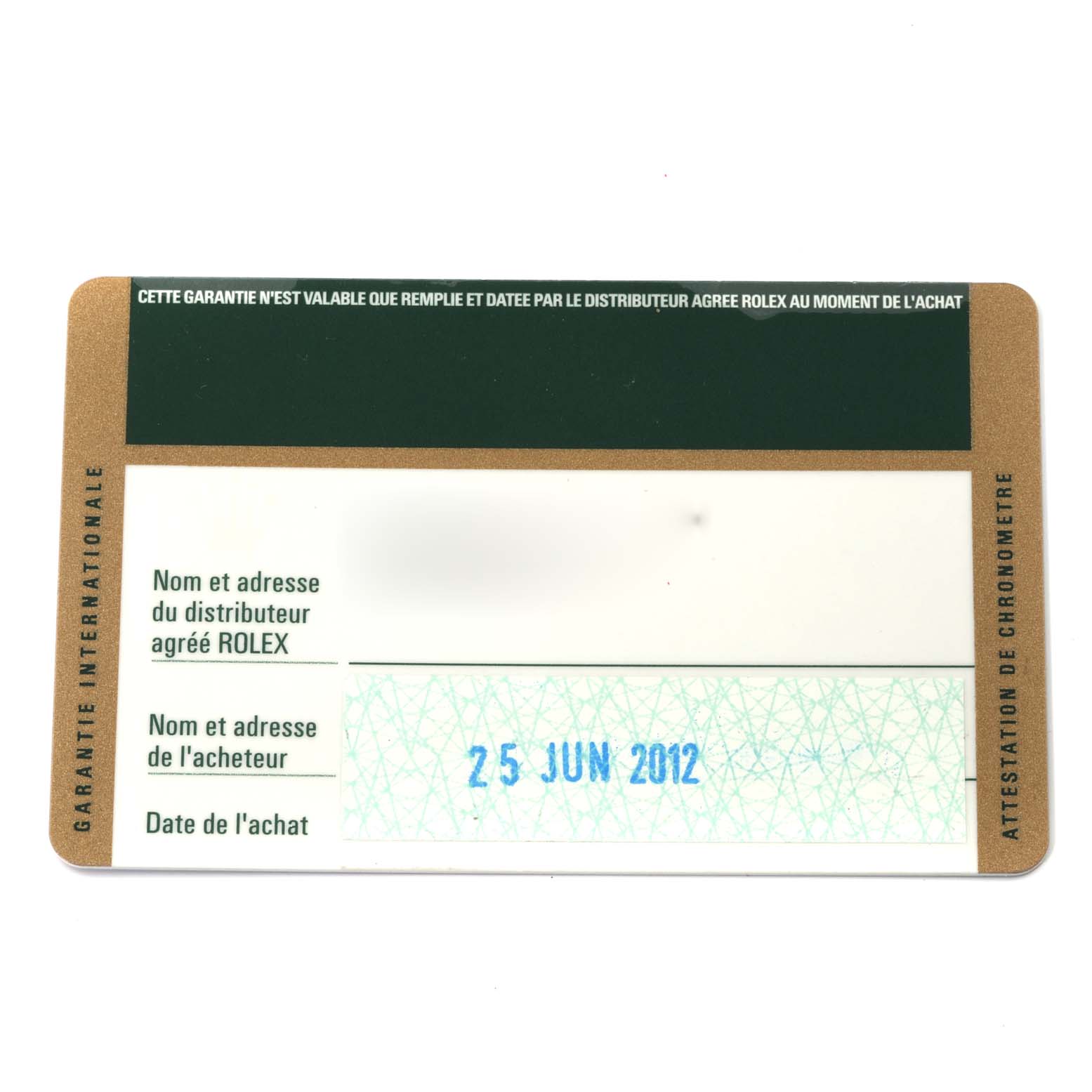 The image shows the warranty card for a Rolex Datejust 116201 Men's Steel and Gold (two tone) Silver Dial 116201 Men's Steel and Gold (two tone) Silver Dial watch, dated June 25, 2012.