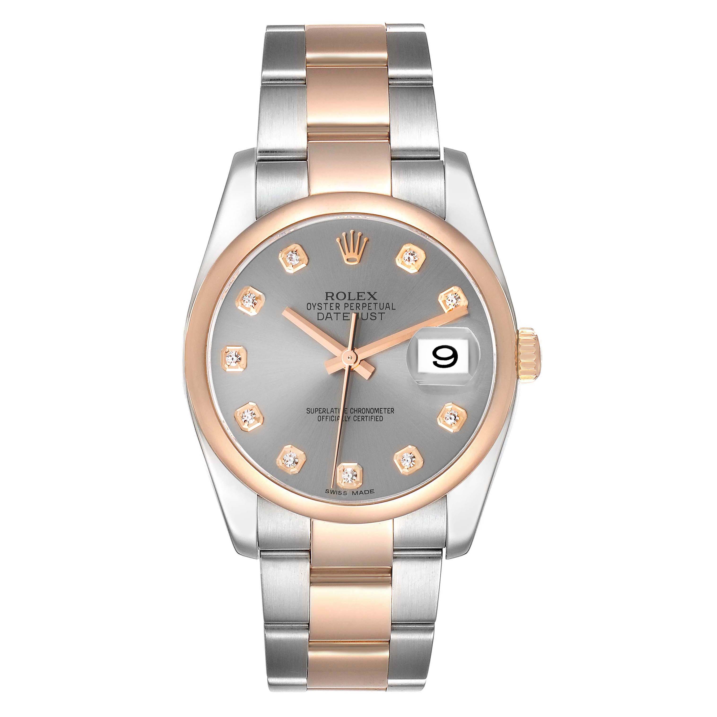 This photo shows the face and bracelet of a Rolex Datejust 116201 Men's Steel and Gold (two tone) Silver Dial 116201 Men's Steel and Gold (two tone) Silver Dial watch from a front angle.