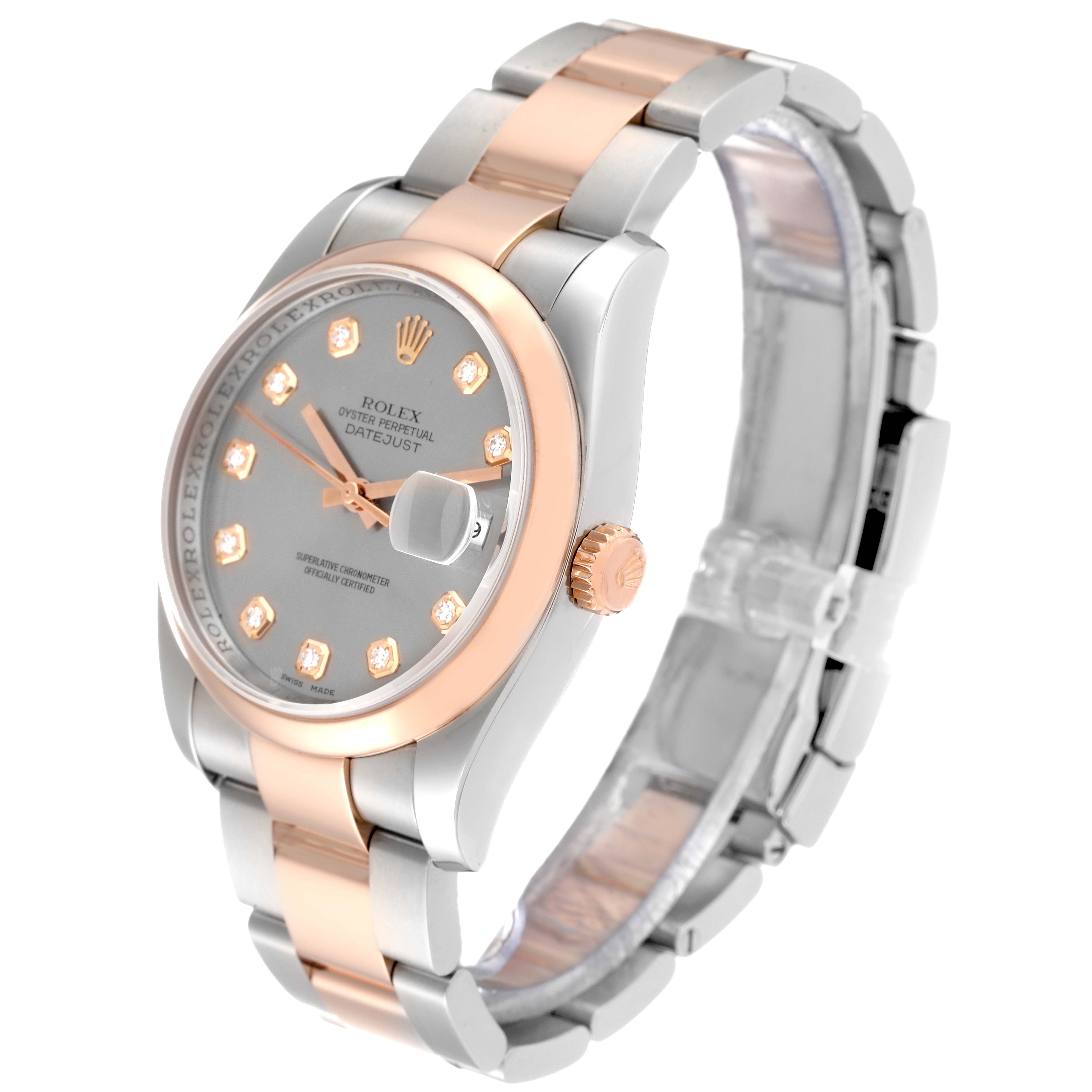 The image shows a Rolex Datejust 116201 Men's Steel and Gold (two tone) Silver Dial 116201 Men's Steel and Gold (two tone) Silver Dial watch from a front-side angle, displaying its two-tone bracelet, bezel, and dial with date display.