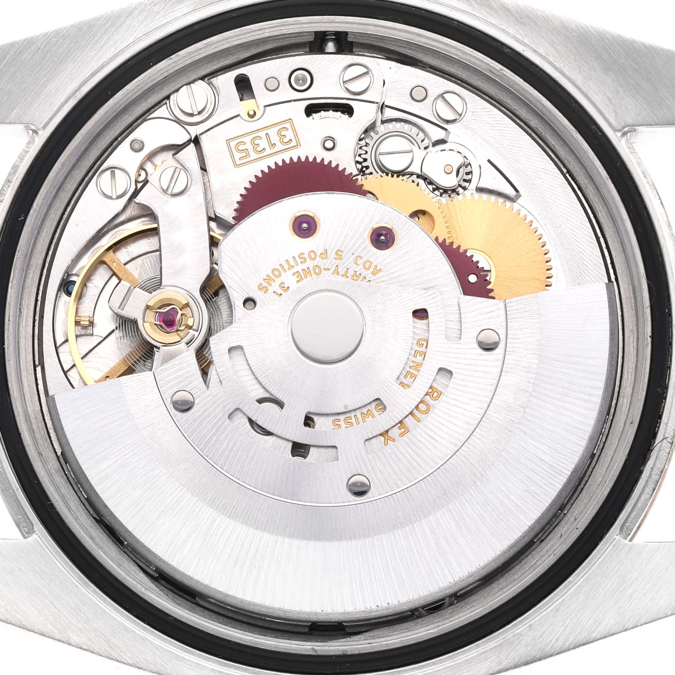 This image shows the internal movement mechanism of a Rolex Datejust 116201 Men's Steel and Gold (two tone) Silver Dial 116201 Men's Steel and Gold (two tone) Silver Dial watch from a back angle.