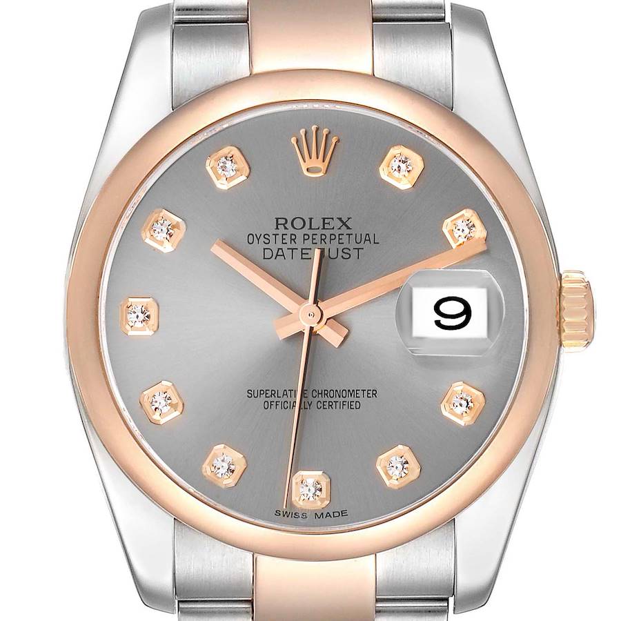 The image shows a close-up, front-facing view of the dial and bezel of a Rolex Datejust 116201 Men's Steel and Gold (two tone) Silver Dial 116201 Men's Steel and Gold (two tone) Silver Dial watch, highlighting the date feature and diamond hour markers.