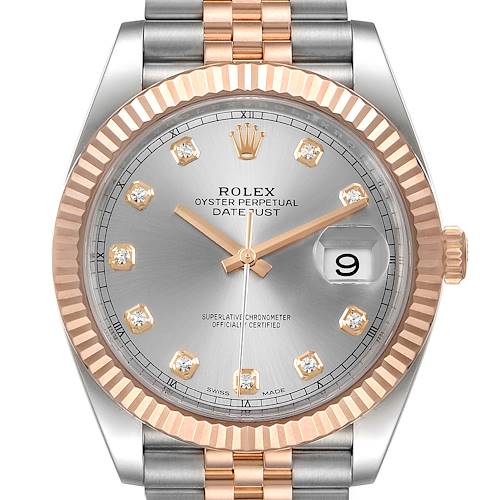 The image shows a front view of the Rolex Datejust 41 126331 Men's Steel and Gold (two tone) Silver Dial 126331 Men's Steel and Gold (two tone) Silver Dial watch, showcasing its dial, bezel, crown, and part of the bracelet.
