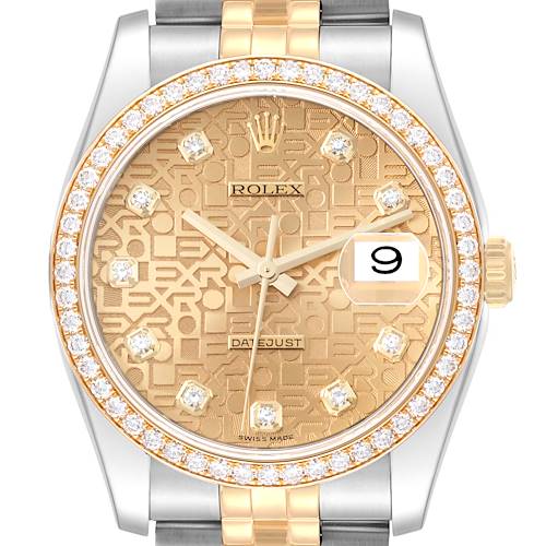 This image shows the face of a Rolex Datejust 116243 Men's Steel and Gold (two tone) Champagne Dial 116243 Men's Steel and Gold (two tone) Champagne Dial watch, featuring a gold dial, diamond markers, and a two-tone band.