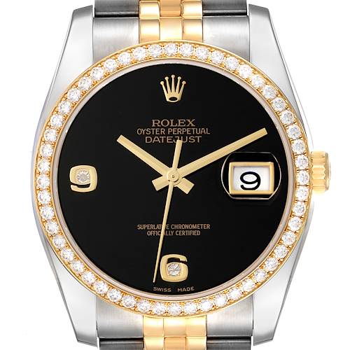 This is a front view of a Rolex Datejust 116243 Men's Steel and Gold (two tone) Black Dial 116243 Men's Steel and Gold (two tone) Black Dial watch, showcasing its black dial, diamond bezel, and two-tone bracelet.